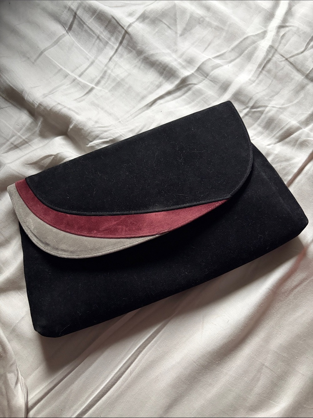 Black Suede Clutch with Burgundy and Gray Accent
